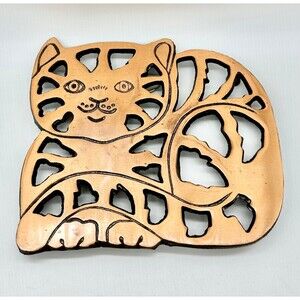 Vintage Copper-Coated Cast Iron Trivet shaped like a curled Cat